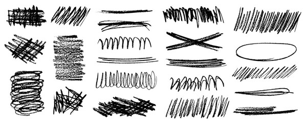 Grunge scrawls, charcoal scribbles, rough brush strokes, underlines and circles. Bold charcoal freehand stripes and ink shapes. Crayon or marker scribbles. Vector illustration