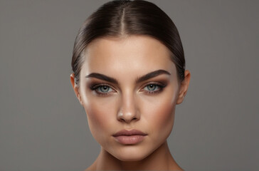Naklejka premium A Beautiful Woman with Brown Hair On A Gray Background