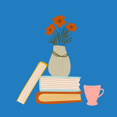 stack of books with vase and cup. sophisticated book club. book poster