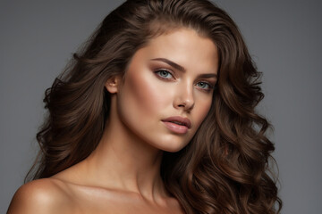 Naklejka premium A Beautiful Woman with Brown Hair On A Gray Background