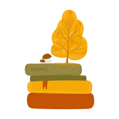 a stack of books with a tree and a mushroom in an autumn setting. autumn reading