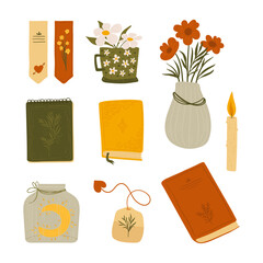 a set of stickers with books and a dreamy atmosphere. vase, candle, books, notepad, bookmarks and mug. reading atmosphere