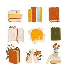 a set of book-themed stickers. books, cat and flowers. cozy illustrations