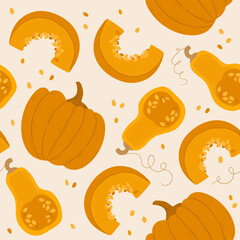 endless pattern with orange pumpkins. whole and cut raki pumpkins laid out on a delicate background