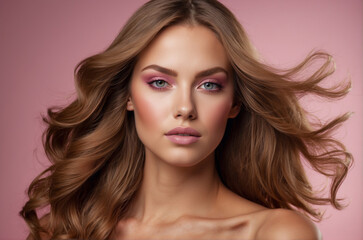 Fototapeta premium A Beautiful Woman with Brown Hair On A Pink Background