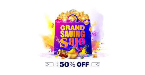 Holi sale and offer poster banner design. Shopping and big saving concept.