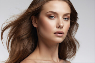 Naklejka premium A Beautiful Young Woman with Brown Hair On A Light Gray Background