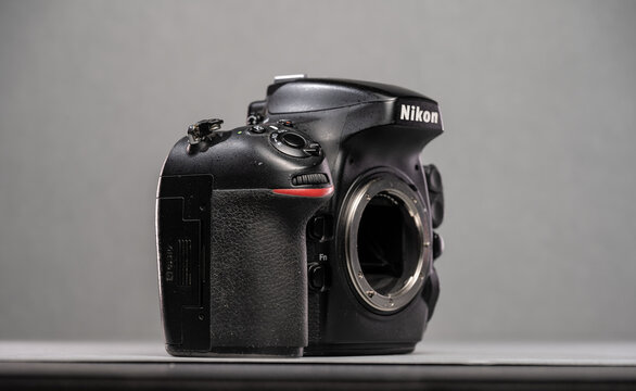 Gothenburg, Sweden - October 11 2023: Front of a Nikon D800 digital SLR camera.