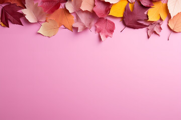 Autumn leaves in various colors on a pink backdrop with adjacent empty area
