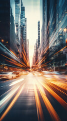 Capture the essence of a busy city street during rush hour with motion blur, shot with a panning technique and a wide-angle lens