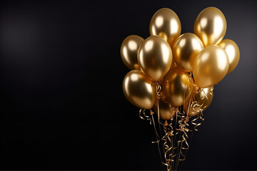 Gold balloons bunch on a black wall background.