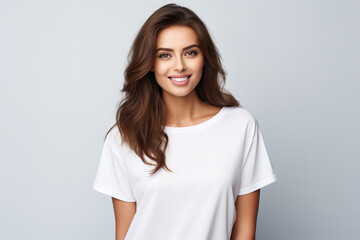 Obraz premium Happy beautiful woman in her 20s, tan skin, very long layered red brunette hair behind her shoulders