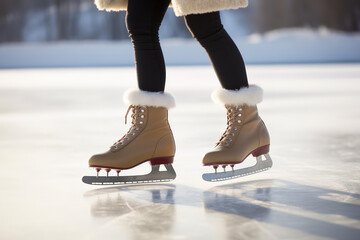 Ice skater on ice rink in close up