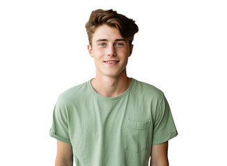 portrait of a happy young boy with a friendly smile in green clothes, pleasant, cheerful, positive joyful teen