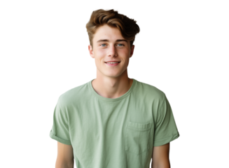 portrait of a happy young boy with a friendly smile in green clothes, pleasant, cheerful, positive joyful teen