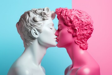 Two male mannequinnes in shape of Greek marble statues with closed eyes kissing each other. Minimal concept of homosexuality, love making, sensuality, gay intimacy. Pink and blue pastel colors. - obrazy, fototapety, plakaty