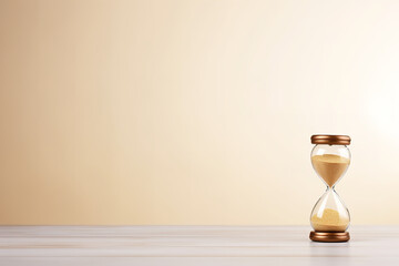 Table with gold sand hourglass against white wall room for text