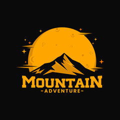 elegant royal luxury vector of mountain hill peak rocky ice top mount landscape beautiful night midnight moon stars nature view with shield stamp label badge emblem patch logo design inspiration