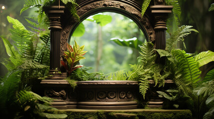Very detailed, round wood podium in a lush Jungle