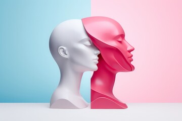 Male and female mannequinnes with closed eyes cuddling. Minimal concept of love making, sensuality and intimacy. Pink and blue pastel colors and red. - obrazy, fototapety, plakaty