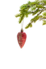 red cone shaped christmas decoration hanging in branch isolated on white