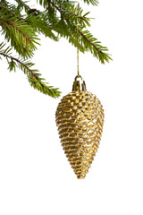 golden cone shaped christmas decoration hanging in branch isolated on white