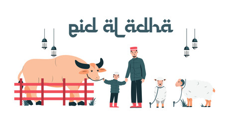 Vector illustration of Eid al-Adha and Feast of Sacrifice. sheep, buffalo and muslim families wish you a happy eid al adha Perfect for posters and banners