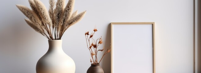 Modern interior design mockup with mock up poster frame, dried flowers in vase and wooden photo frame. Mockup. Empty Wooden Picture Frame. Framework.