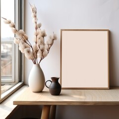 Mockup frame, vase with dry flowers on wooden table near window. Mockup. Empty Wooden Picture Frame. Framework.