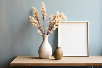 Vase with dried flowers and blank frame on table near color wall. Mockup. Empty Wooden Picture Frame. Framework.