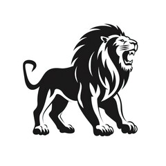 Obraz premium 2D minimalistic silhouette of an angry Lion, full body, view from the back, vector, white background, black and white, thick black distinct outlines, in a style of a logo