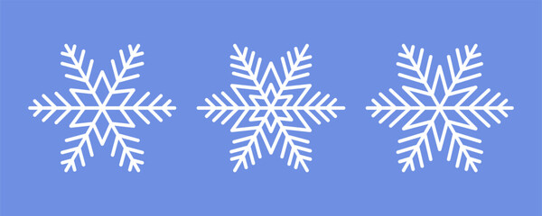Fototapeta na wymiar White Snowflakes on blue background. Vector Winter isolated icons in silhouette. Snow Cristals. Simple Line Style