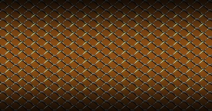 Luxury golden metal Fence Wire Mesh grid Seamless Pattern Background. Luxury Golden curved zig zag wavy lines pattern moving from right to left seamless looped animation over orange color background.