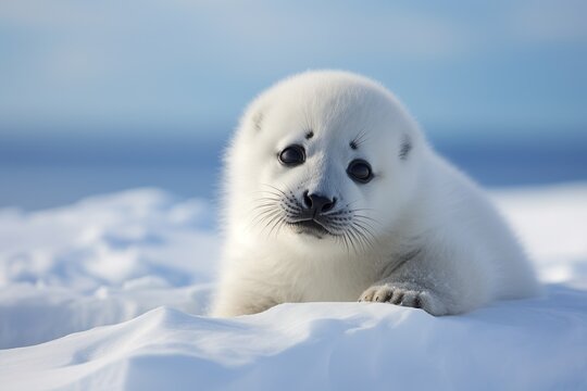 Playful Harp Seal Pup on Pure White Ice