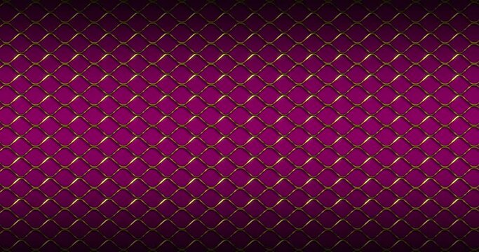 Luxury golden metal Fence Wire Mesh grid Seamless Pattern Background. Luxury Golden curved zig zag wavy lines pattern moving from right to left seamless looped animation over pink color background.