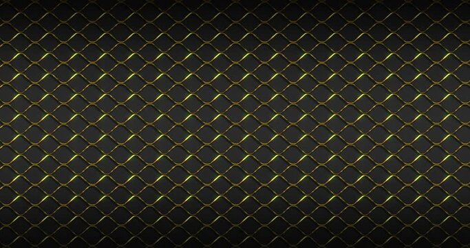 Luxury golden metal Fence Wire Mesh grid Seamless Pattern Background. Luxury Golden curved zig zag wavy lines pattern moving from right to left seamless looped animation over black color background.