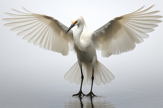 Serene snowy egret spreads its wings and prepares to fly