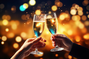 dos manos sosteniendo copas de champan efectuando un brindis sobre fondo desenfocado de luces brillantes doradas. concepto de celebracion,san valentin, año nuevo - obrazy, fototapety, plakaty