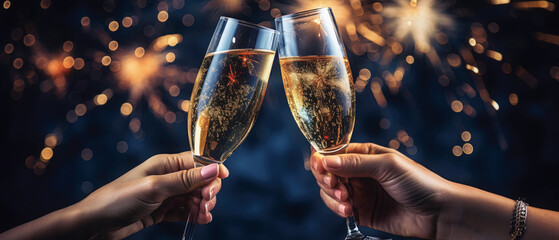 dos manos sosteniendo copas de champan efectuando un brindis sobre fondo desenfocado de fuegos artificiales