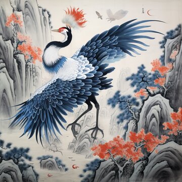 a crane with only one foot, Cranes with blue-white feathers and red markings, beasts in the Classic of Mountains and Sea&iuml;&frac14;&OElig;An intricate gongbi-style dragen paintinginspired by the artistic legacy of