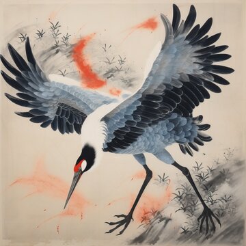 a crane with only one foot, Cranes with blue-white feathers and red markings, beasts in the Classic of Mountains and Sea&iuml;&frac14;&OElig;An intricate gongbi-style dragen paintinginspired by the artistic legacy of W