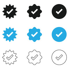 Blue badge check icon, Verified badge profile vector.	