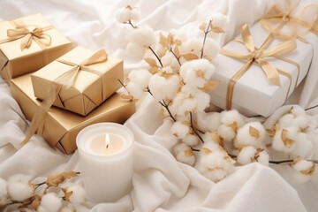 Craft gifts boxes on white background with flowers cotton branches. Generative AI