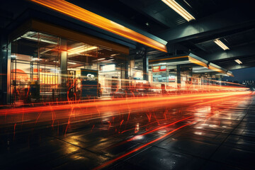 Fototapeta na wymiar Long exposure of a bustling customs area. Motion speed light. Generative AI