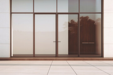 Modern minimalist home exterior. Windows and doors in white and brown colors. AI generated