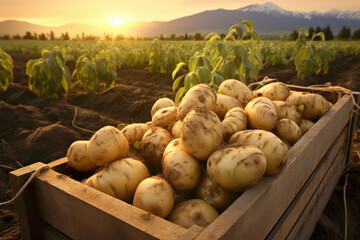 Harvested potatoes in a farm field on brown earth. Concept of food cultivation. AI generated - obrazy, fototapety, plakaty