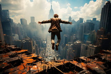 man jumping from the roof over the city
