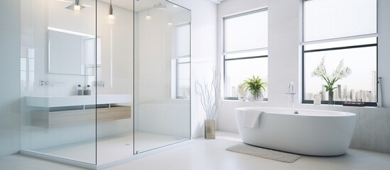 Fototapeta na wymiar A modern bathroom with a see through glass wall enclosing a white bathtub and shower