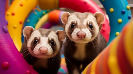 A pair of curious ferrets exploring a colorful play area, their noses twitching with curiosity.