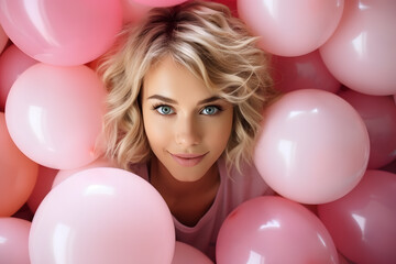 Woman with balloons in the background in pink color. Women Day concept. Aerial view.